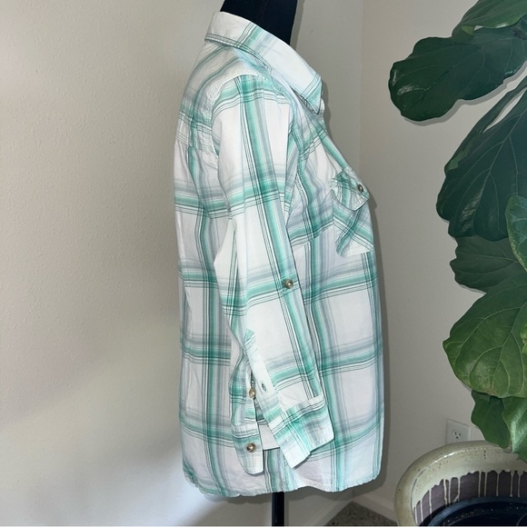 Carhartt Women’s Heron Green White Plaid 3/4 Sleeves Button Down Blouse M 8/10 - Picture 5 of 14
